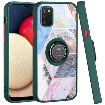 For Samsung Galaxy A02S Unique Marble Design with Magnetic Ring Kickstand Holder Hybrid TPU Hard PC Armor Shockproof  Phone Case Cover