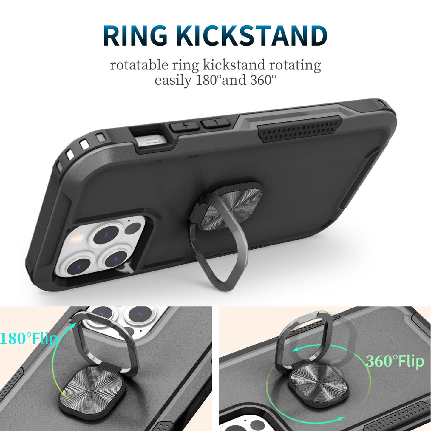 For Samsung Galaxy S22 Heavy Duty 3in1 Magnetic Ring Kickstand Stand Hybrid Shockproof Military-Grade Drop Protection Black Phone Case Cover
