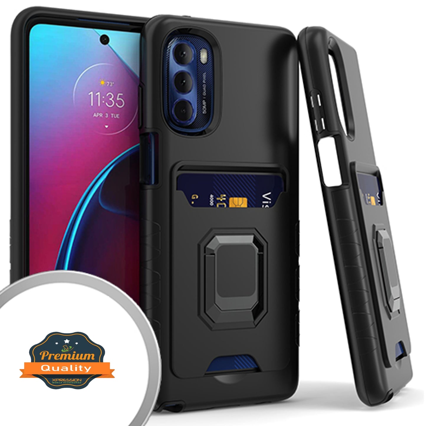 For Motorola Moto G Stylus 2022 4G Wallet Credit Card Slot Holder with Ring Kickstand Back Heavy Duty Shockproof Hybrid  Phone Case Cover