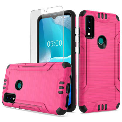 For AT&T Maestro 3 Hybrid Dual Layer Slim Metallic Brush Texture Hard PC TPU Rubber with Screen Protector Tempered Glass  Phone Case Cover