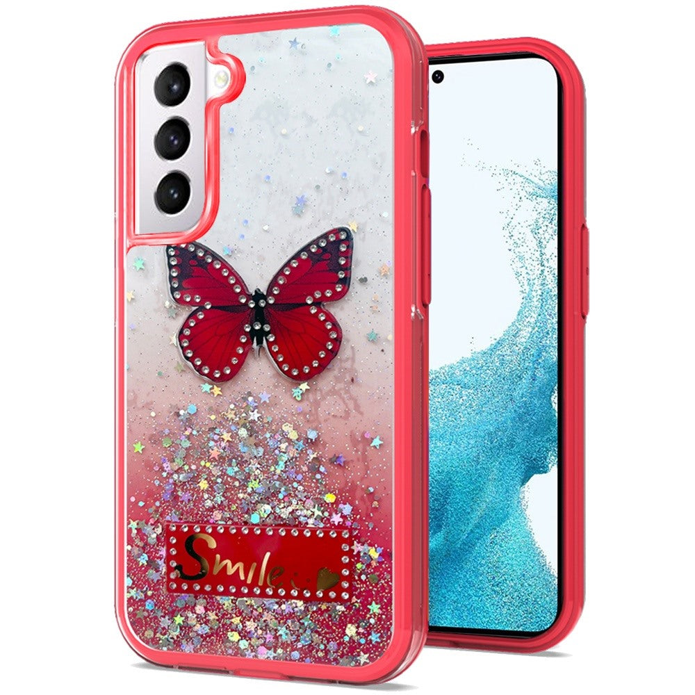 For Samsung Galaxy S22 /Plus Ultra Butterfly Smile Glitter Bling Sparkle Epoxy Glittering Shining Hybrid Hard PC TPU Silicone Slim  Phone Case Cover