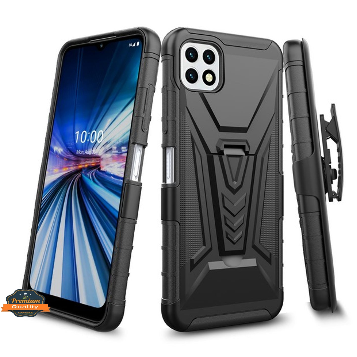 For Boost Mobile Celero 5G Hybrid Armor Kickstand with Swivel Belt Clip Holster Heavy Duty 3 in 1 Defender Shockproof Rugged  Phone Case Cover