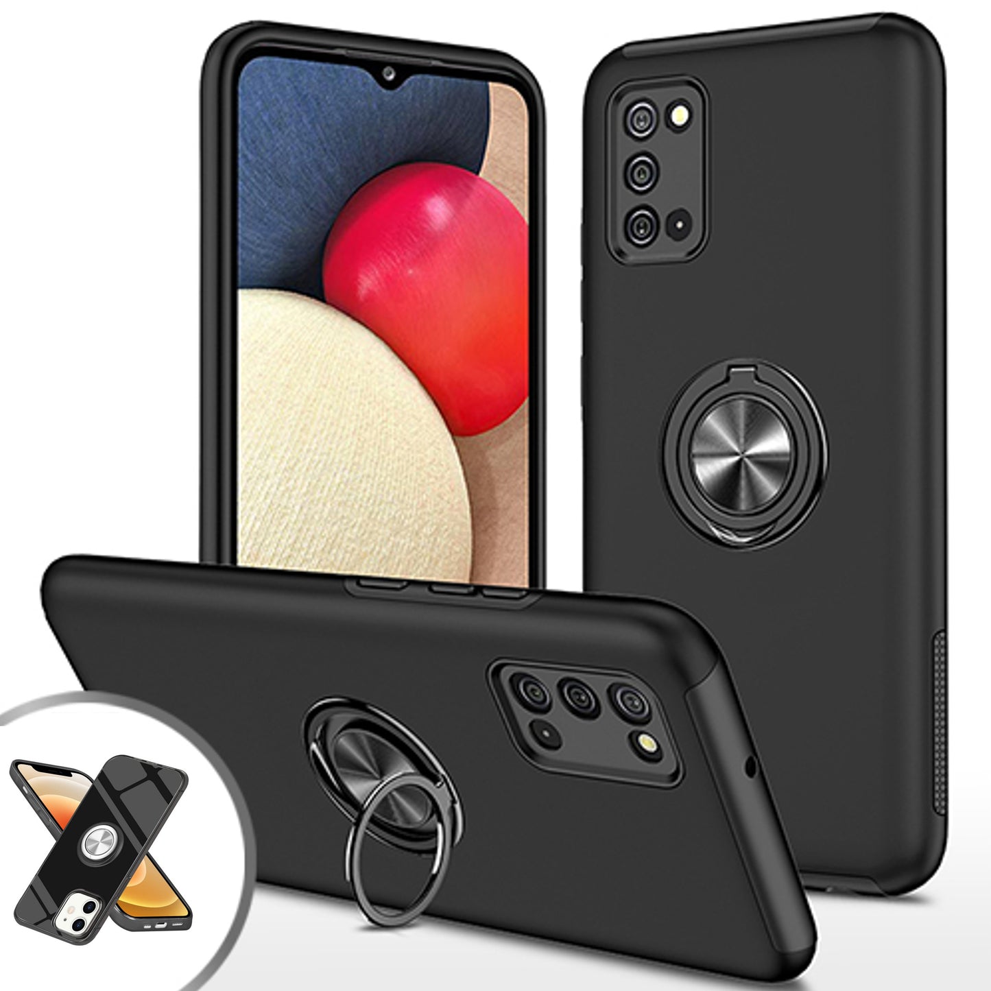 For Apple iPhone 14 (6.1") Rubber Hybrid 360° Ring Holder Stand Kickstand Fit Car Mount Shockproof Bumper Protection  Phone Case Cover