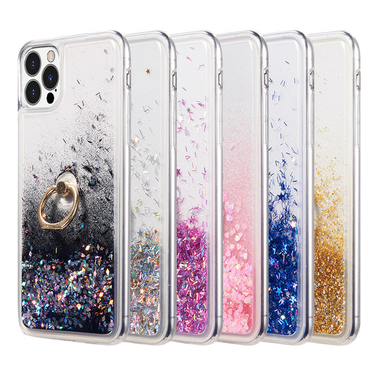 For Apple iPhone 14 /Plus Pro Max Hybrid Glitter Bling Sparkling Liquid Quicksand Sparkle TPU PC with Ring Stand Holder  Phone Case Cover