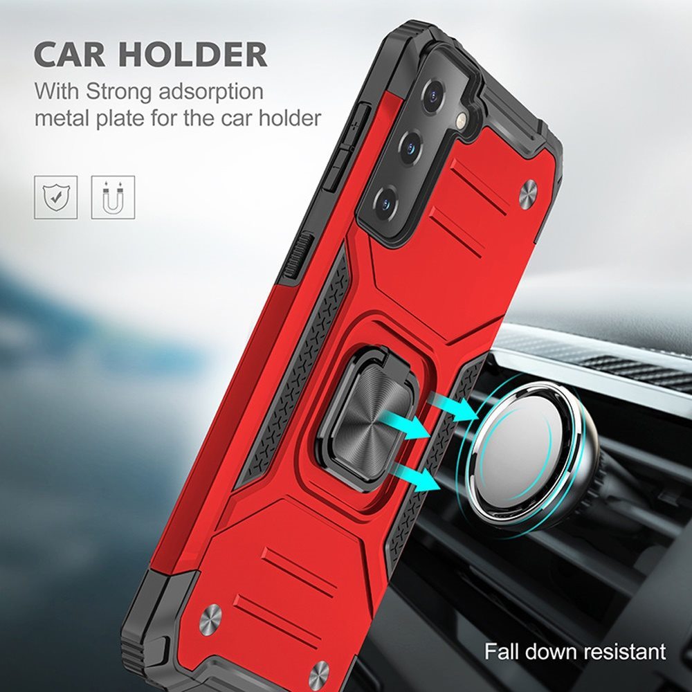 For Samsung Galaxy S10 Armor Hybrid with Ring Stand Holder Kickstand Shockproof Heavy-Duty Durable Rugged 2in1 Red Phone Case Cover