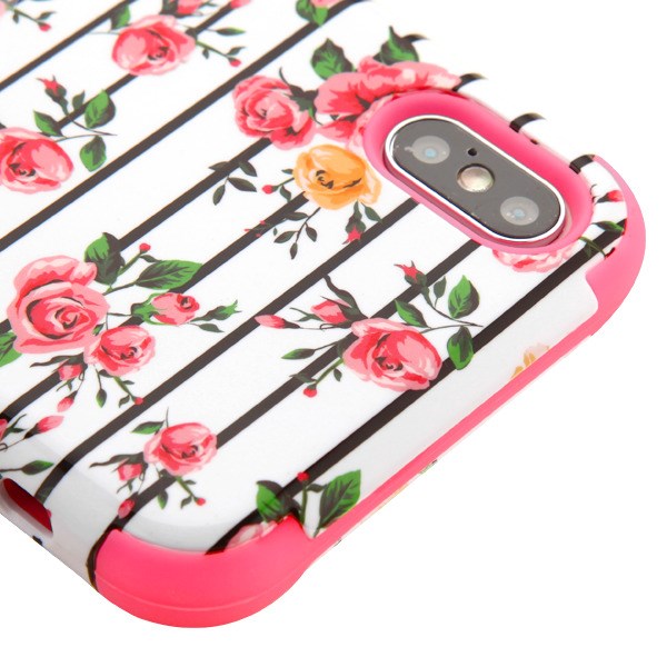 For Apple iPhone XS Max Stylish Hybrid Three Layer Hard PC Shockproof Heavy Duty TPU Rubber Anti-Drop Pink Roses Phone Case Cover
