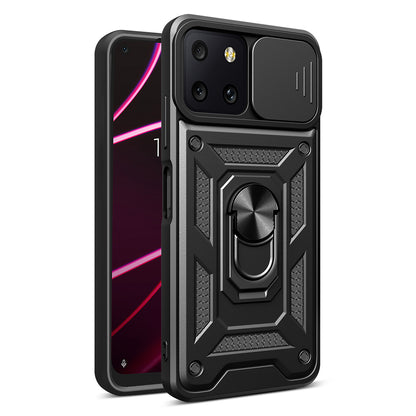 For T-Mobile Revvl 6 Pro 5G Hybrid Cases with Kickstand, Slide Camera Lens Protection + 360° Rotate Ring Stand Black Phone Case Cover