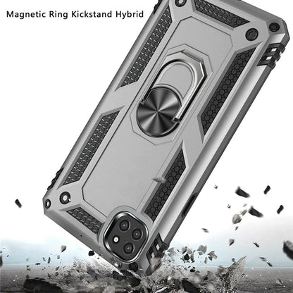 For Samsung Galaxy A22 5G Armor Hybrid Durable 360 Degree Rotatable Ring Stand Holder Kickstand 2in1 Fit Magnetic Car Mount Silver Phone Case Cover