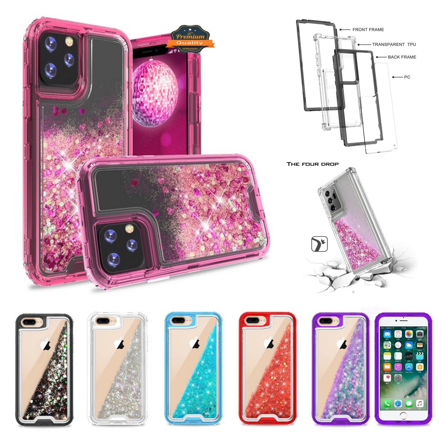 For Apple iPhone 13 Mini (5.4") Hybrid Liquid Glitter 3D Bling Quicksand Flowing Sparkle Hard Shockproof 3in1 TPU Heavy Duty  Phone Case Cover