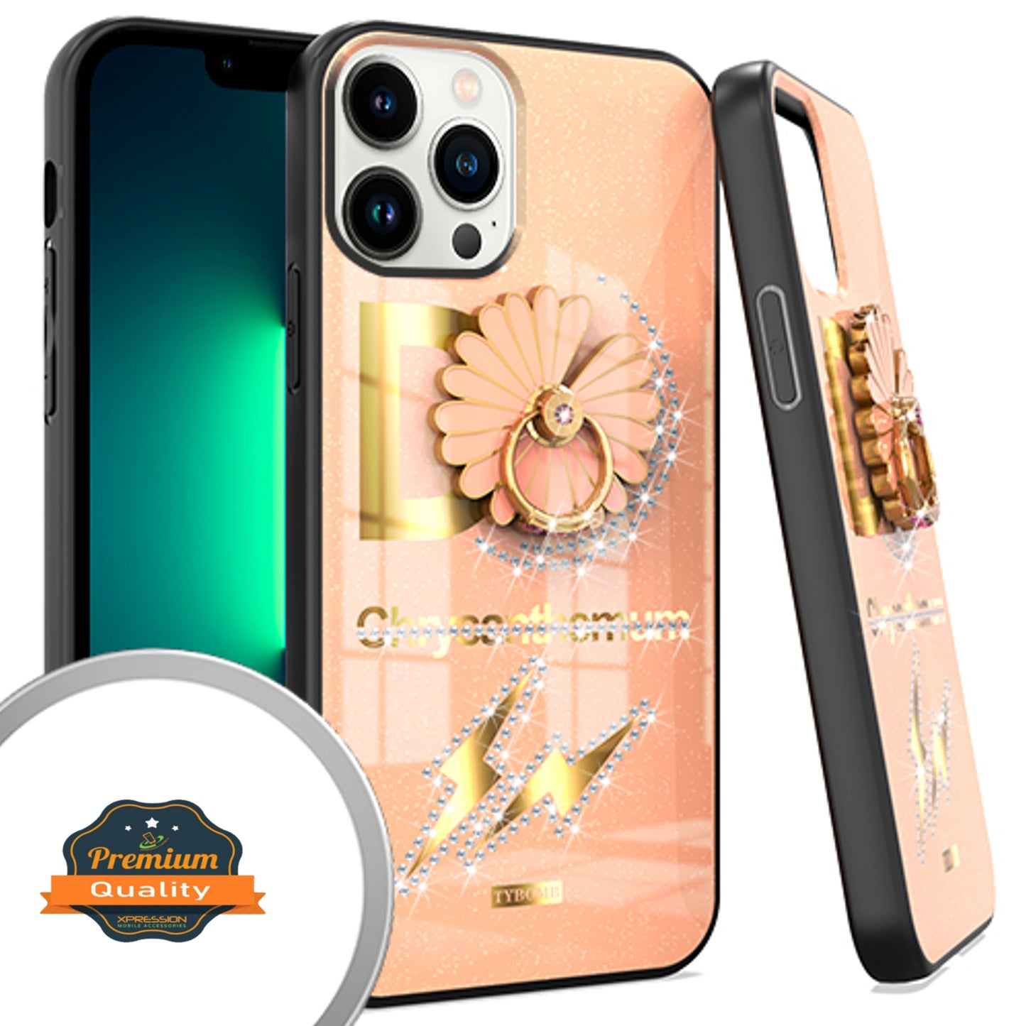 For Apple iPhone 14 (6.1") Elegant Rhinestone 3D Diamond Bling Glitter with Ring Stand Kickstand Plating Hard  Phone Case Cover