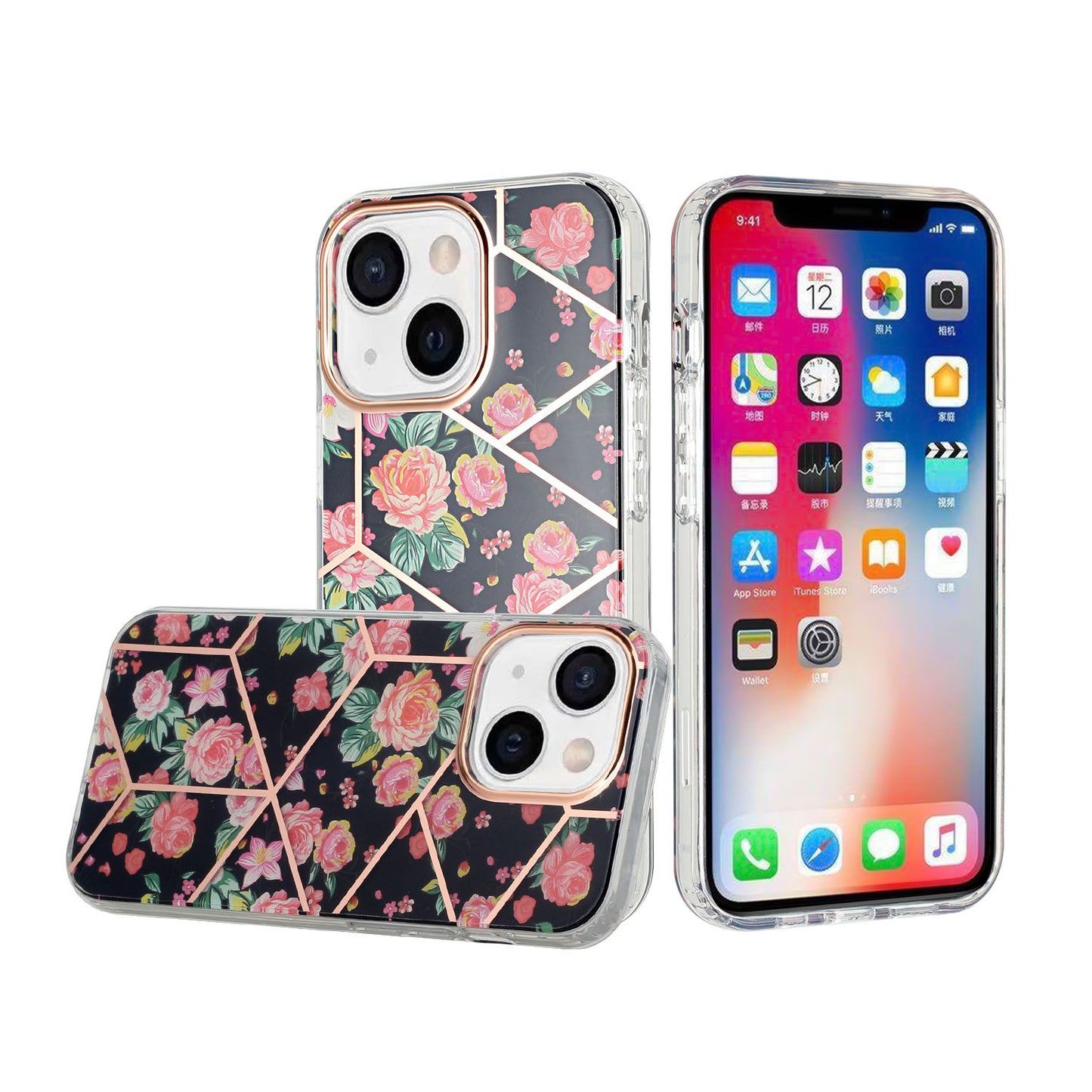 For Apple iPhone 14 (6.1") Fashion Floral IMD Design Flower Pattern Hybrid Protective Hard Rubber TPU Slim Back  Phone Case Cover