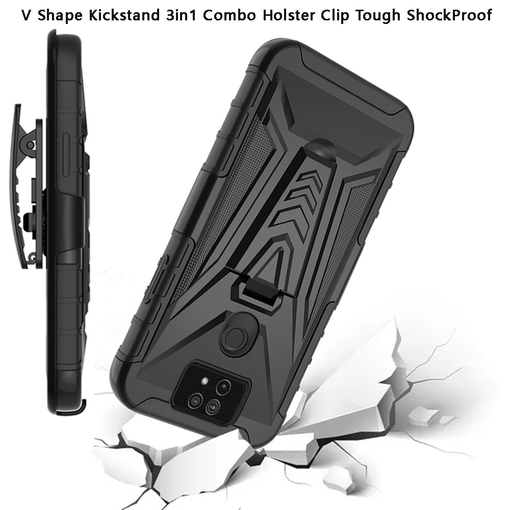 For Cricket Ovation 2 Premium 3 in 1 Rugged Swivel Belt Clip Holster Heavy Duty Tuff Hybrid Armor Rubber TPU with Kickstand Stand Black Phone Case Cover