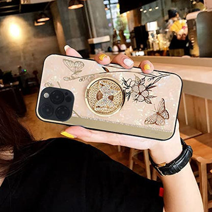 For Apple iPhone 14 (6.1") Elegant Rhinestone 3D Diamond Bling Glitter with Ring Stand Kickstand Plating Hard  Phone Case Cover