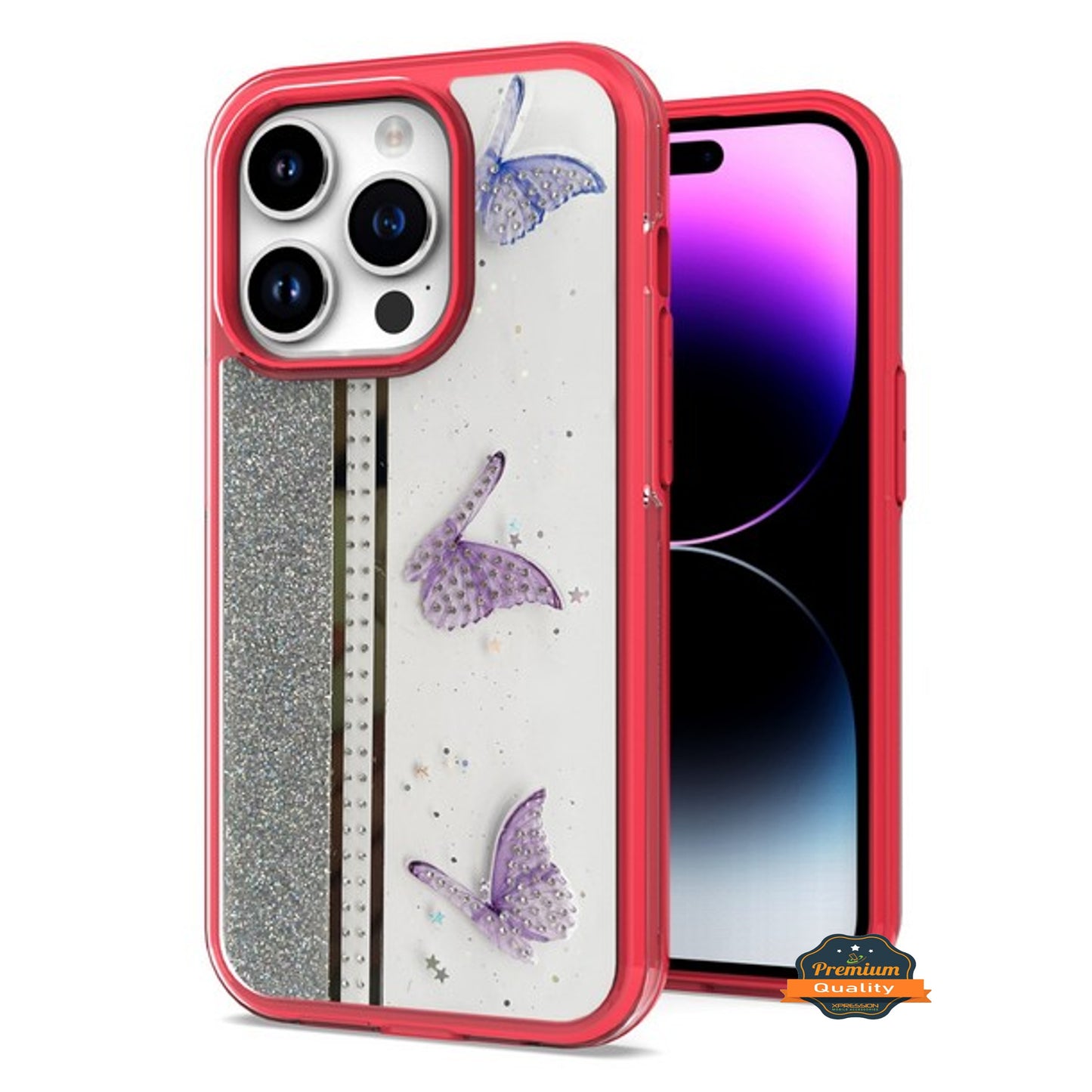 For Apple iPhone 14 /Plus Pro Max Butterflies Design Bling Glitter Shockproof Hybrid TPU Frame and Hard Back Slim  Phone Case Cover