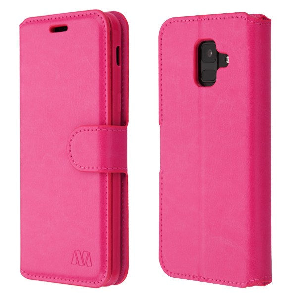 For Samsung Galaxy A6 (2018) PU Leather Wallet with Credit Card Holder Storage Folio Flip Pouch Stand Hot Pink Phone Case Cover