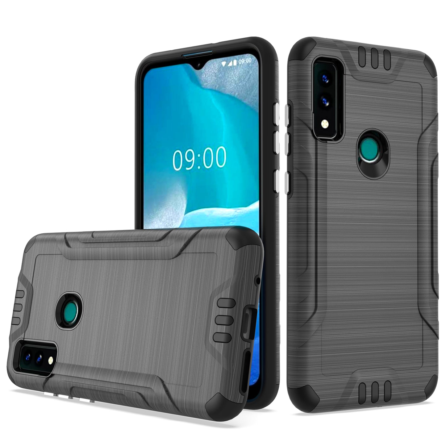 For AT&T Maestro 3 Hybrid Dual Layer Slim Metallic Brush Texture Hard PC TPU Rubber with Screen Protector Tempered Glass  Phone Case Cover