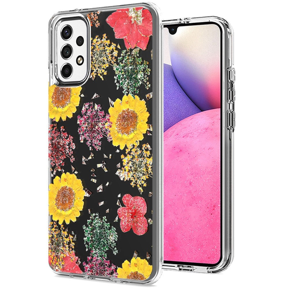 For Samsung Galaxy A33 5G Glitter Floral Print Pattern Clear Design Shockproof Hybrid Fashion Sparkle Rubber TPU Bumper  Phone Case Cover