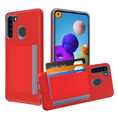 For Samsung Galaxy A21 Credit Card Wallet Back Storage Invisible Pocket Dual Layer Hard PC TPU Hybrid Red Phone Case Cover