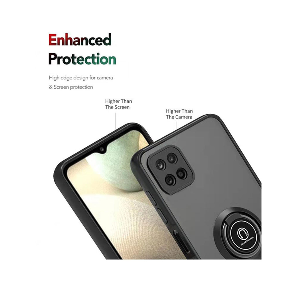 For Boost Mobile Celero 5G Hybrid Frosted Protector Magnetic Ring Holder Stand Kickstand Heavy Duty Rugged 2 in 1 PC + TPU Black Phone Case Cover