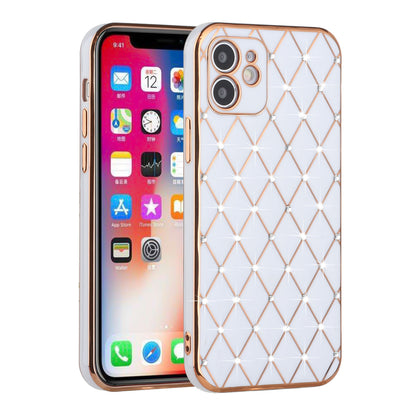 For Apple iPhone 14 (6.1") Luxury Diamonds on Electroplated Grid Design Rhinestone Protective TPU Hard PC  Phone Case Cover