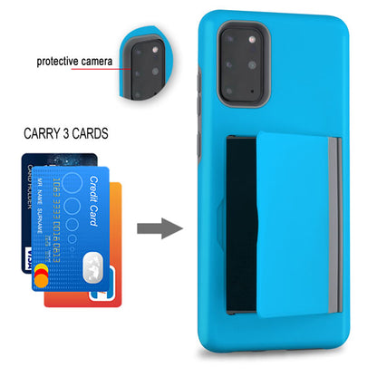 For Samsung Galaxy S20 Plus (6.7") Credit Card Wallet Back Storage Invisible Pocket Dual Layer Hard PC TPU Hybrid Protective Blue Phone Case Cover