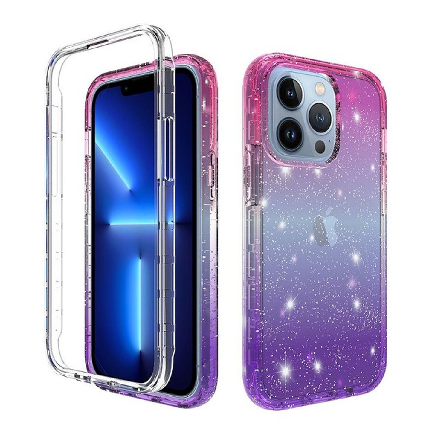 For Apple iPhone 13 Pro (6.1") Clear Gradient Glitter Bling Sparkly Hybrid Hard PC Soft TPU Bumper and Front Frame Drop Protective  Phone Case Cover