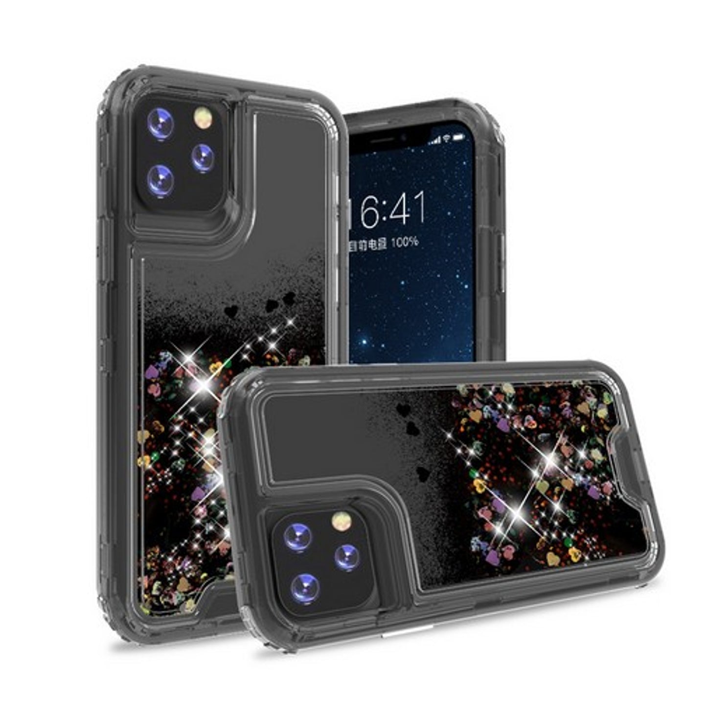 For Apple iPhone 13 Pro (6.1") Hybrid Liquid Glitter 3D Bling Quicksand Flowing Sparkle Hard Shockproof 3in1 TPU Heavy Duty  Phone Case Cover