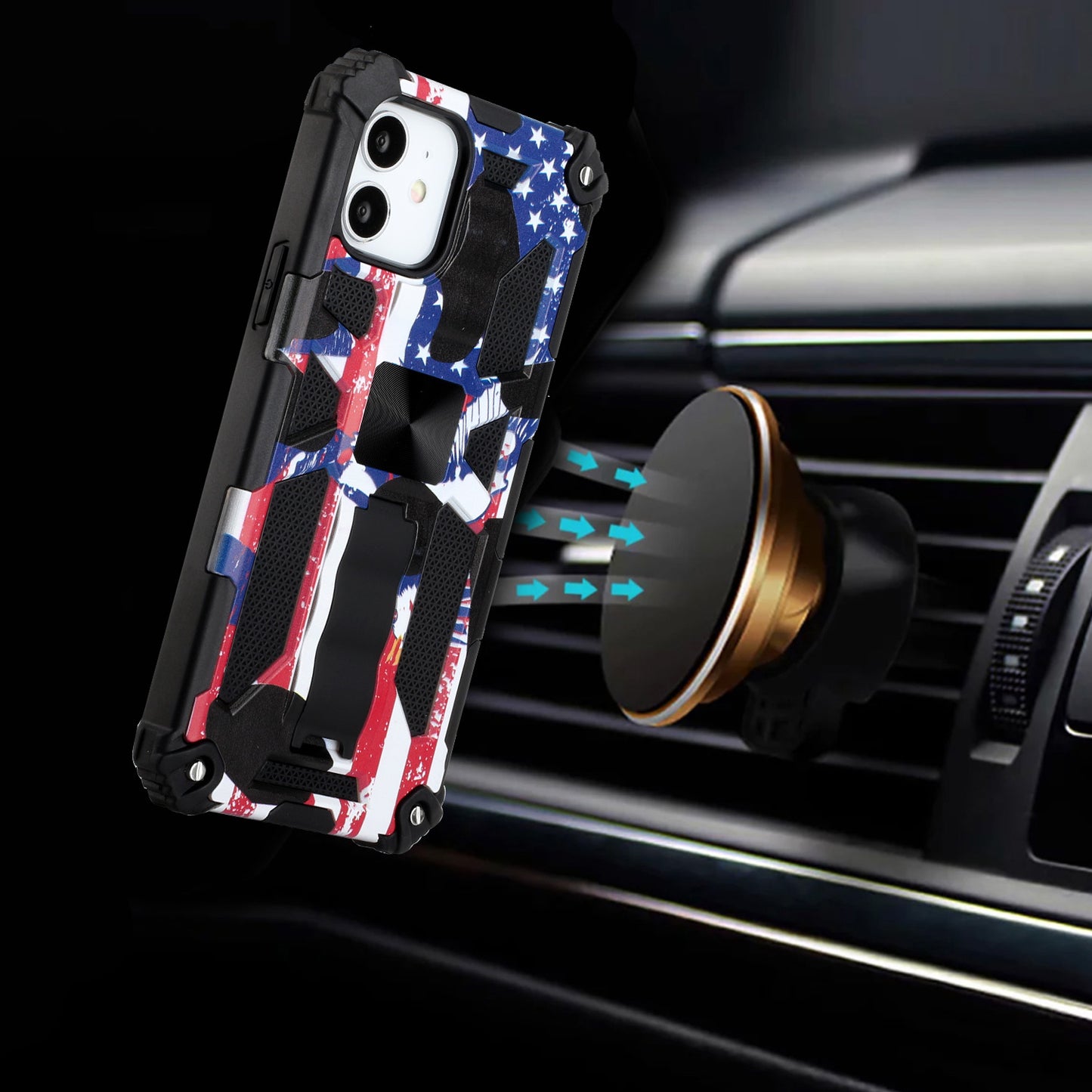 For Apple iPhone 14 (6.1") Heavy Duty Hybrid Fold Slide Kickstand [Military Grade] Rugged Magnetic Car Mount Stand American Flag USA Phone Case Cover