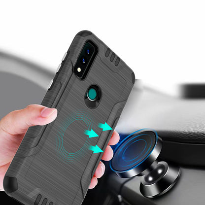 For AT&T Maestro 3 Hybrid Dual Layer Slim Metallic Brush Texture Hard PC TPU Rubber with Screen Protector Tempered Glass  Phone Case Cover