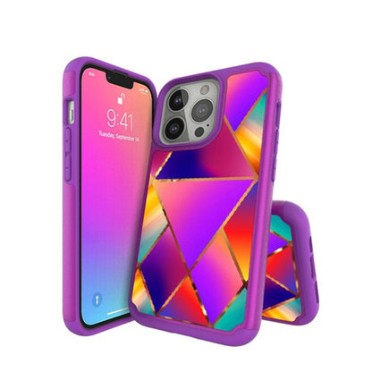 For Apple iPhone 13 Pro /13 (6.1") Luxury Fashion Pattern Design Slim Hybrid Grid Bumper Rubber Soft TPU & Hard Back PC Protective  Phone Case Cover