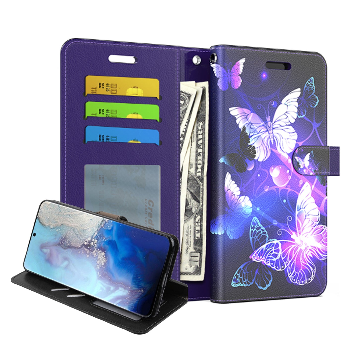 For Apple iPhone 13 Pro Max (6.7") Wallet Case Pattern Design PU Leather Wallet with Credit Cards Holder, Wrist Strap & Stand Feature Flip Pouch Protective Butterfly Phone Case Cover