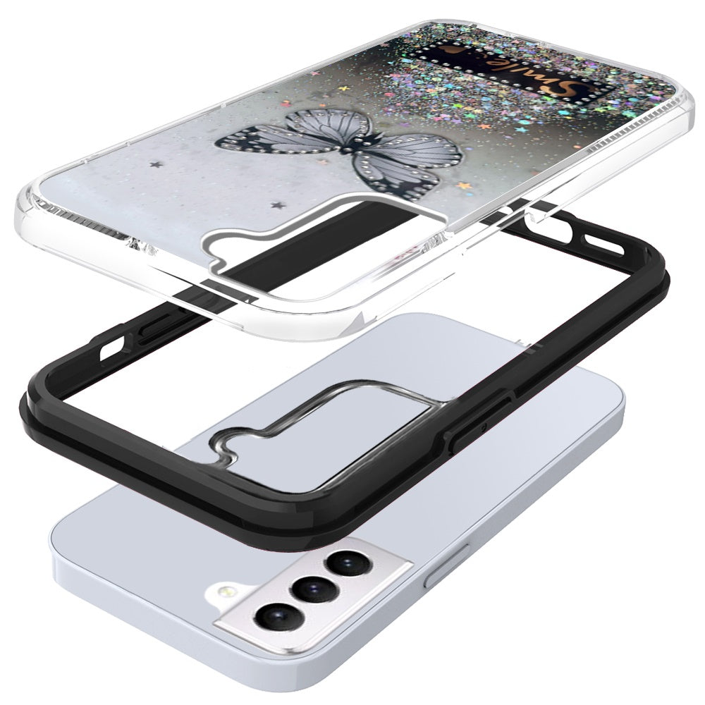 For Samsung Galaxy S22 /Plus Ultra Butterfly Smile Glitter Bling Sparkle Epoxy Glittering Shining Hybrid Hard PC TPU Silicone Slim  Phone Case Cover
