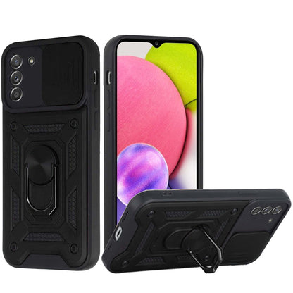 For Samsung Galaxy A03S Hybrid Cases with Slide Camera Lens Cover and Ring Holder Kickstand Rugged Dual Layer Heavy Duty  Phone Case Cover