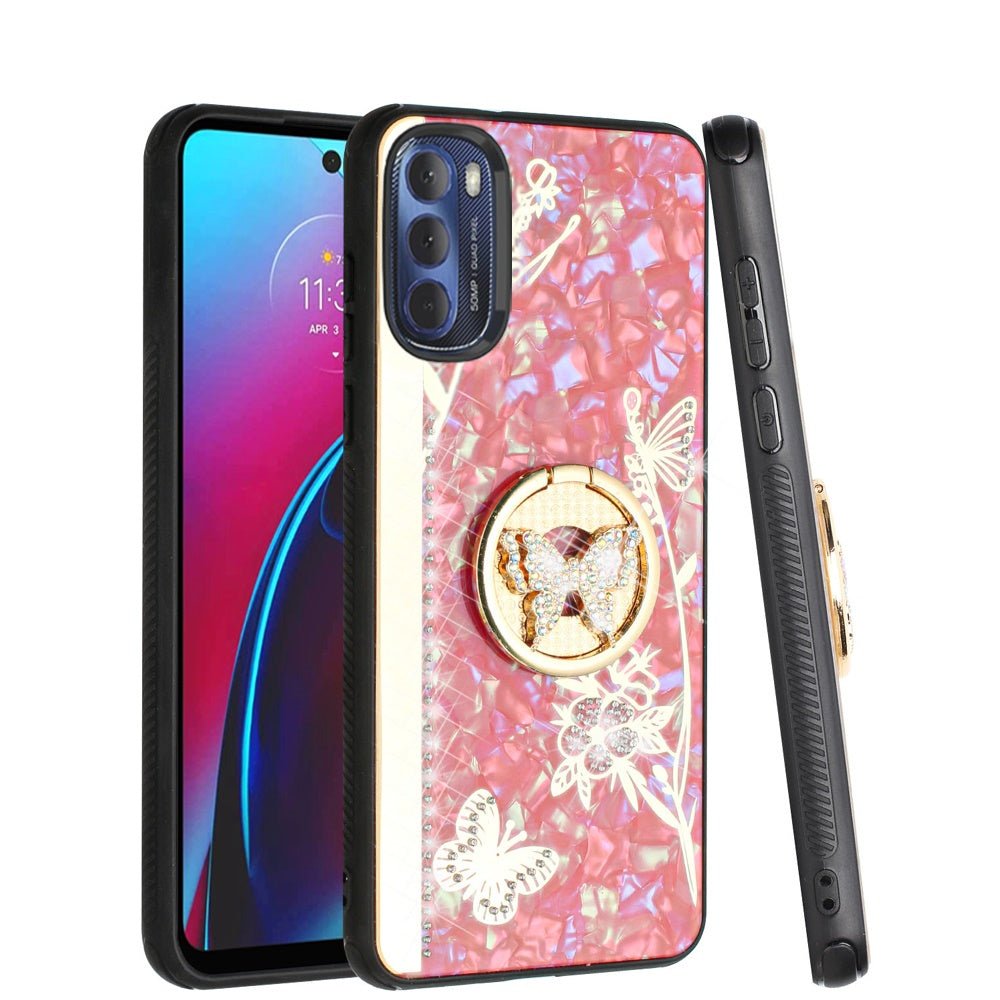 For Motorola Moto G Stylus 4G 2022 Diamond Bling Sparkly 3D Ornaments Engraving Hybrid Ring Stand Holder Fashion  Phone Case Cover