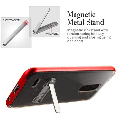 For LG K10 (2018)/K30 (X410)/Premier Pro/Harmony 2/Phonenix Plus Clear Hybrid Armor Rubber Hard TPU with Stand Red Clear Phone Case Cover