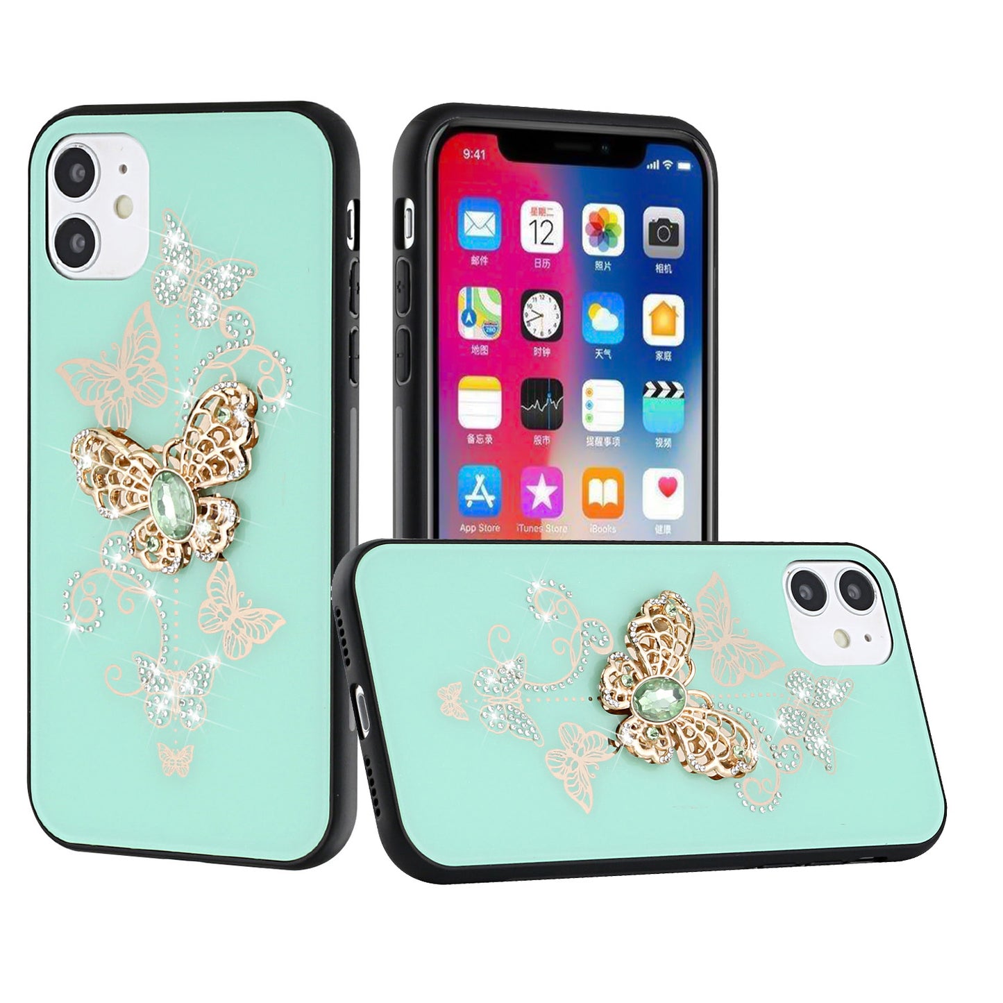 For Samsung Galaxy Z Flip 4 5G 3D Diamond Bling Sparkly Glitter Ornaments Engraving Hybrid Metal Fashion Teal Garden Butterflies Phone Case Cover