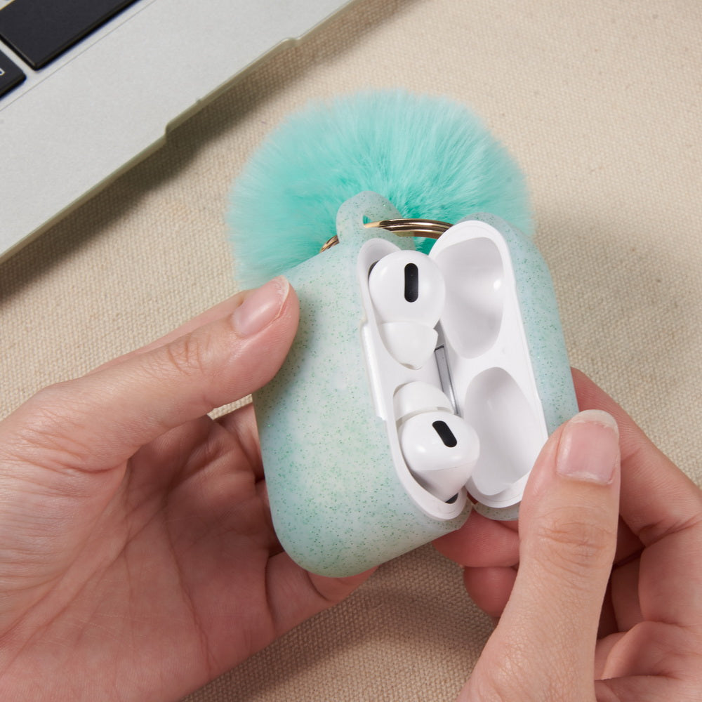 For Apple AirPods Series 3 (2021) Silicone Skin Cute Fur Ball Ornament Keychain 3 in 1 Fashion Thick TPU Gummy Luxury Soft Protective Earphone Mint Green Phone Case Cover