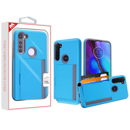 For Motorola Moto G Stylus (2020) Credit Card Wallet Back Storage Invisible Pocket Dual Layer Hard PC TPU Hybrid Blue Phone Case Cover