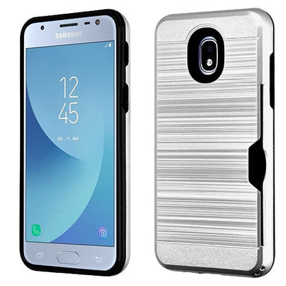 For Samsung Galaxy J3 V /J3 3rd Gen /Galaxy Express Prime 3 Card Wallet Dual Layer Brushed Hybrid Protector TPU Credit Card Slot Silver Phone Case Cover