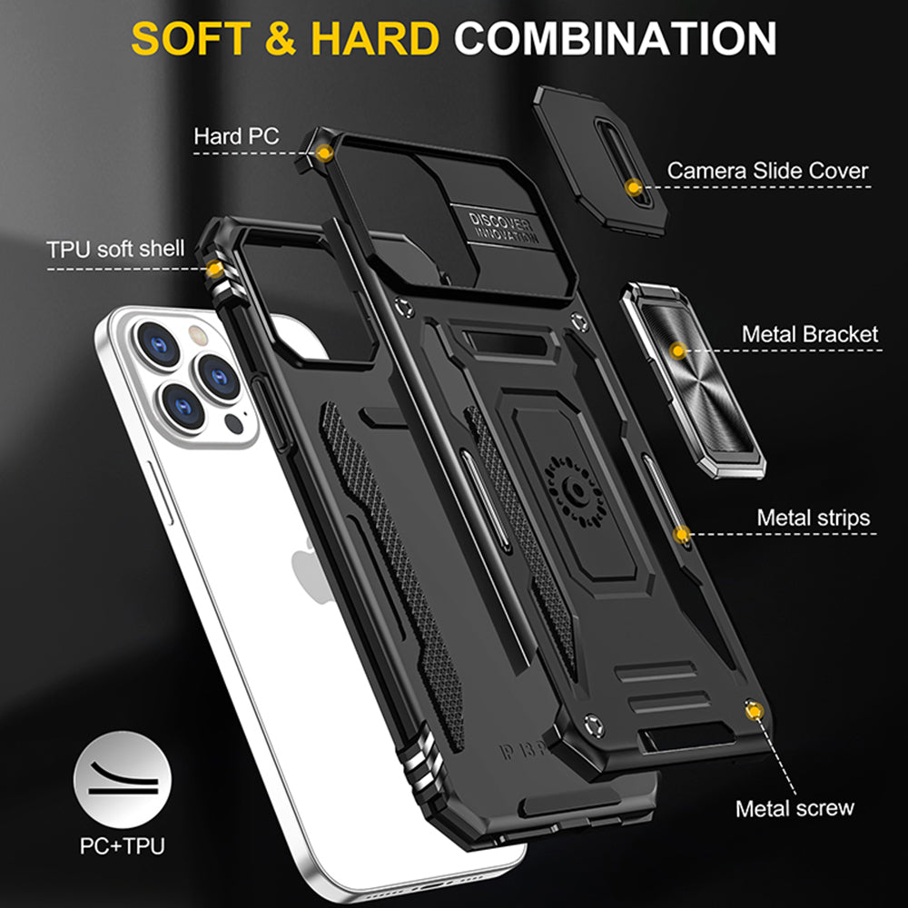 For Apple iPhone 14 /Plus Pro Max Hybrid Slide Camera Protection & 360° Rotateable Ring Stand, Heavy Duty  Phone Case Cover