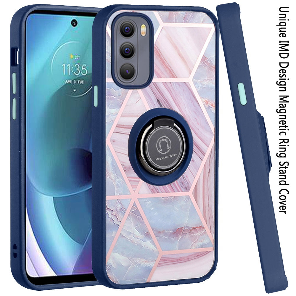 For Motorola Moto G Stylus 4G 2022 Unique Marble Design with Magnetic Ring Kickstand Holder Hybrid TPU Hard PC Armor  Phone Case Cover