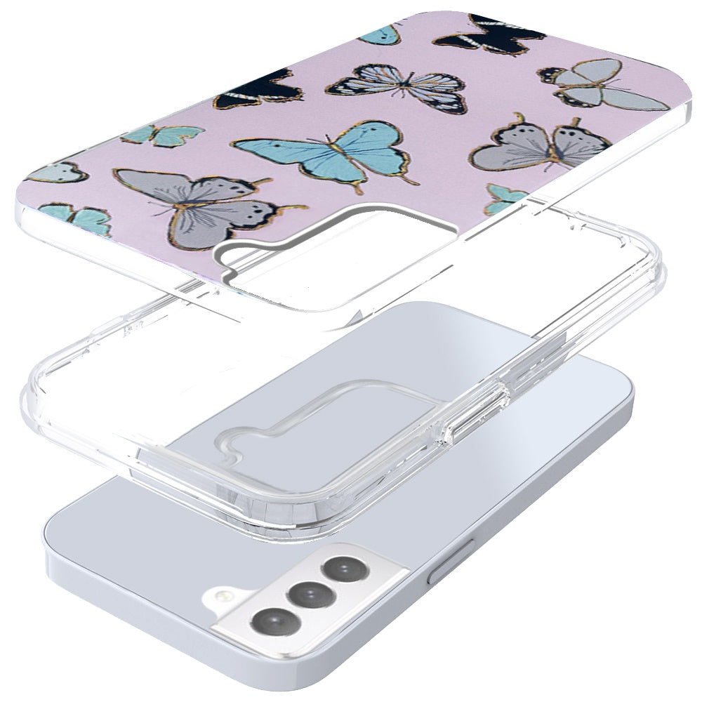 For Samsung Galaxy S22 Ultra Stylish Gold Layer Printing Design Hybrid Rubber TPU Hard PC Shockproof Armor Rugged Slim Butterflies Phone Case Cover
