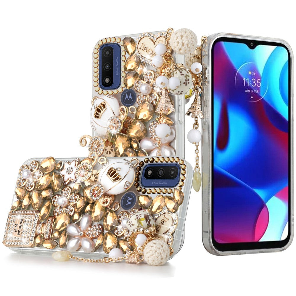 For Apple iPhone 12 /12 Pro (6.1") Bling Crystal 3D Full Diamonds Pearl Luxury Sparkle Rhinestone Glitter Hybrid Ultimate Multi Ornament Gold Phone Case Cover
