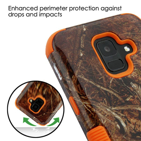 For Samsung Galaxy A6 (2018) Hybrid Three Layer Hard PC Shockproof Heavy Duty TPU Rubber Anti-Drop Vine Camo Orange Phone Case Cover