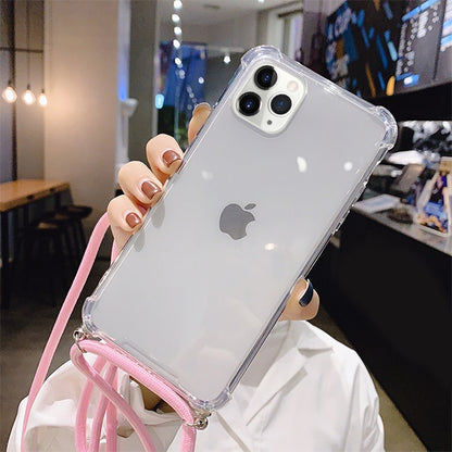 For Apple iPhone 11 Pro Max Slim Fit Hybrid Transparent Rubber Gummy Hard PC Soft Silicone with Lanyard Clear / Pink Phone Case Cover