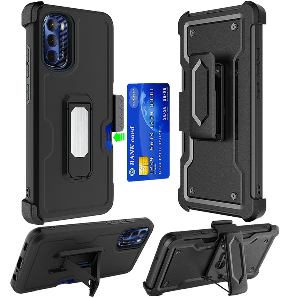 For Apple iPhone 14 Plus (6.7") Armor Belt Clip with Credit Card Holder ID Slot, Holster, Kickstand Heavy Duty Hybrid  Phone Case Cover