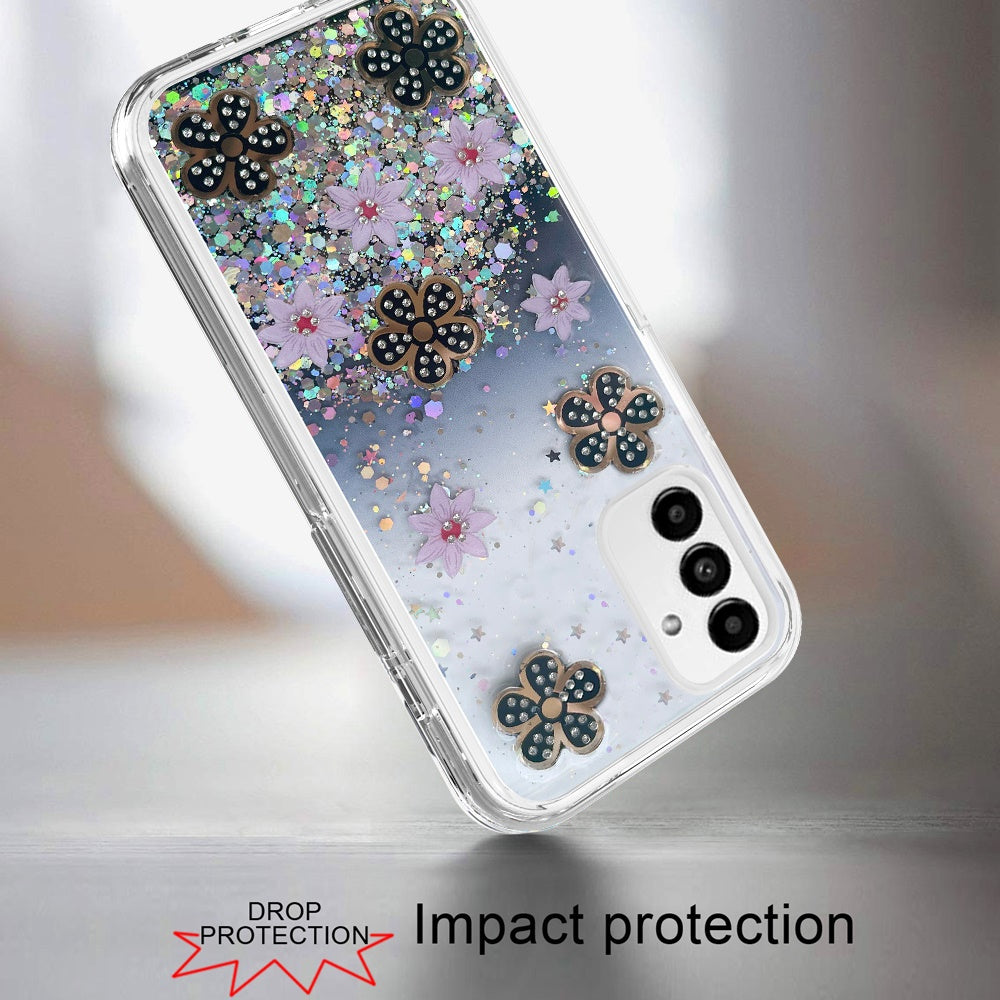 For Motorola Moto G 5G 2022 Floral Stylish Design Glitter Shiny Hybrid Rubber TPU Hard PC Shockproof Armor Slim Fit  Phone Case Cover