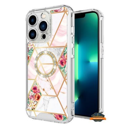 For Apple iPhone 14 /Plus Pro Max Fashion Design Pattern Hybrid Ring Kickstand Bling Diamond Hard PC TPU Protective  Phone Case Cover
