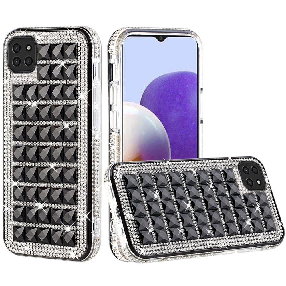 For Samsung Galaxy A22 5G Fashion Luxury 3D Bling Diamonds Rhinestone Jeweled Shiny Crystal Hybrid TPU + PC Bumper Hard Black Phone Case Cover