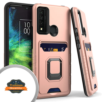 For TCL 20 XE Wallet Credit Card Slot Holder with Metal Ring Kickstand Heavy Duty Shockproof Hybrid Dual Layer Magnetic Stand  Phone Case Cover
